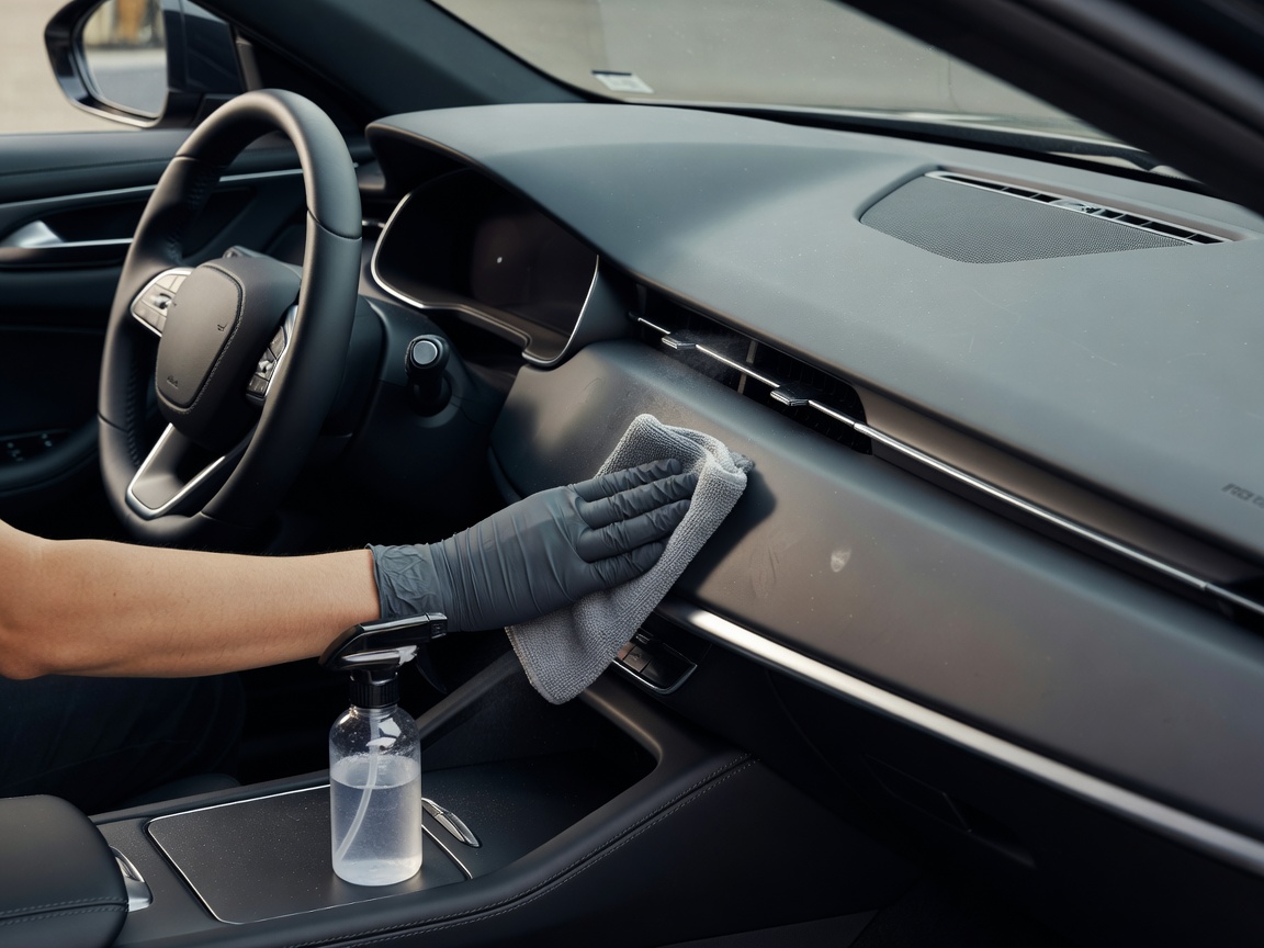 Detailed cleaning of a modern car interior dashboard and steering wheel