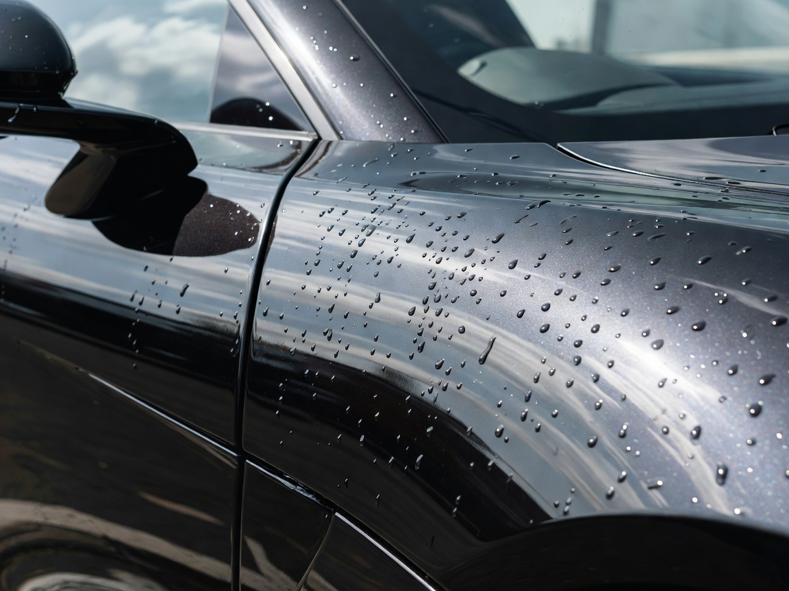 Highly reflective, protected vehicle paint surface with water beading effect