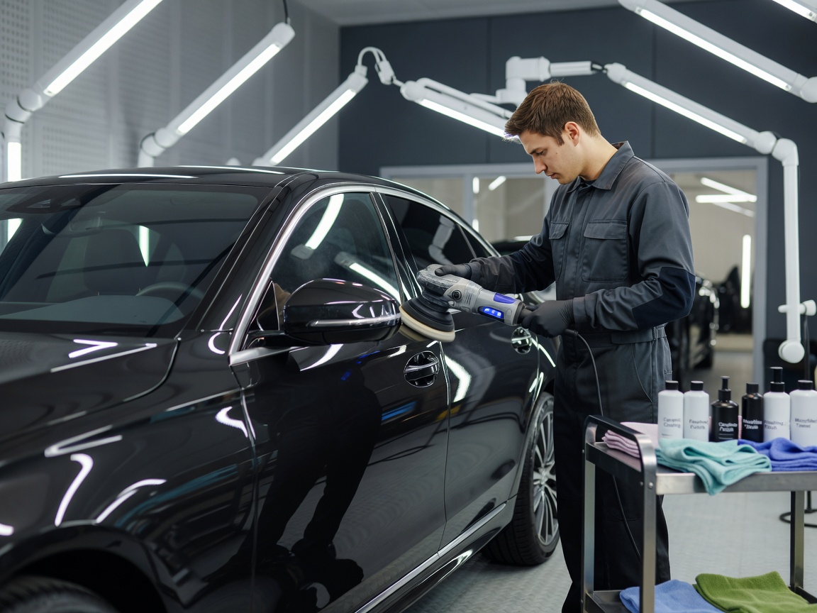 Professional inspection and machine polishing of vehicle paint under controlled lighting