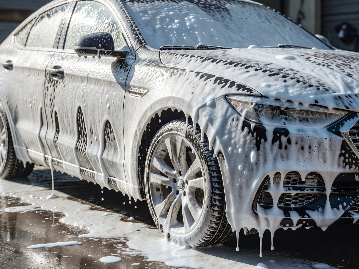 Thick snow foam cleaning product applied to the exterior of a vehicle