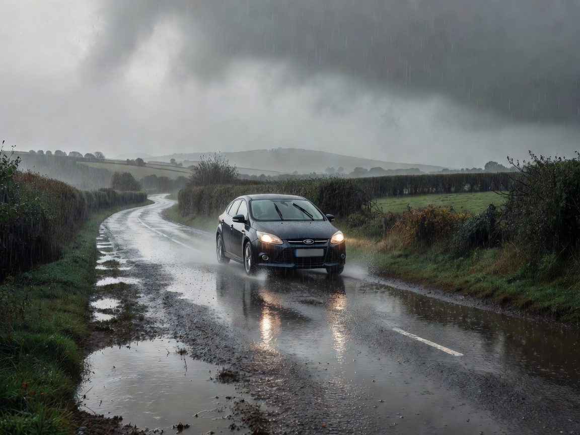 Vehicle driving on wet UK road reflecting challenging weather conditions